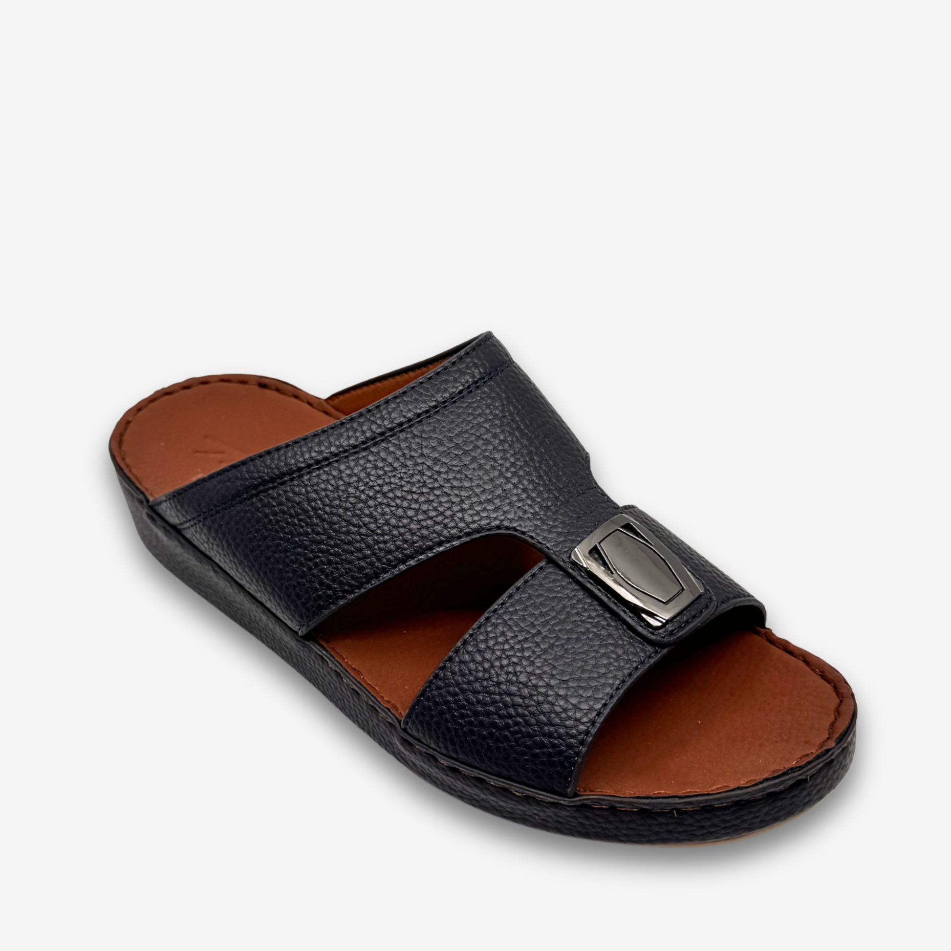 Black slippers with brown insole on a white background